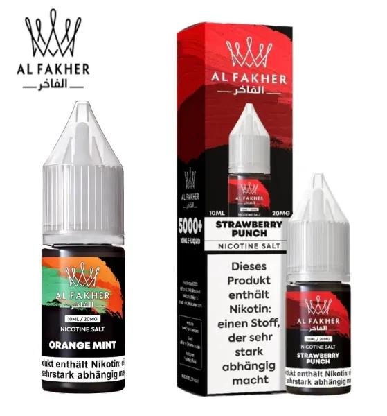 Al Fakher Nikotinsalz Liquid – Erfrischende Aromen wie Grape Mint (Traube, Minze), Gum Mint (Kaugummi, Minze), Berry Ice (Beeren, Kühle), Blackcurrant Ice (Schwarze Johannisbeeren, Eis), Blue Razz Lemonade (Blaue Himbeeren, Zitronenlimonade), Blueberry Gu